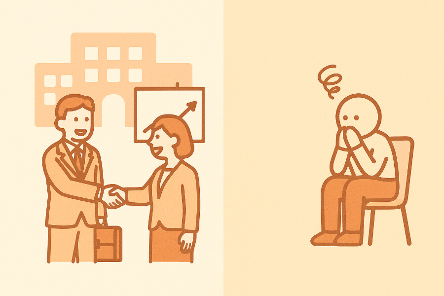 高いコミュニケーション力のある人もいれば初対面は緊張してしまう人を表したイメージ