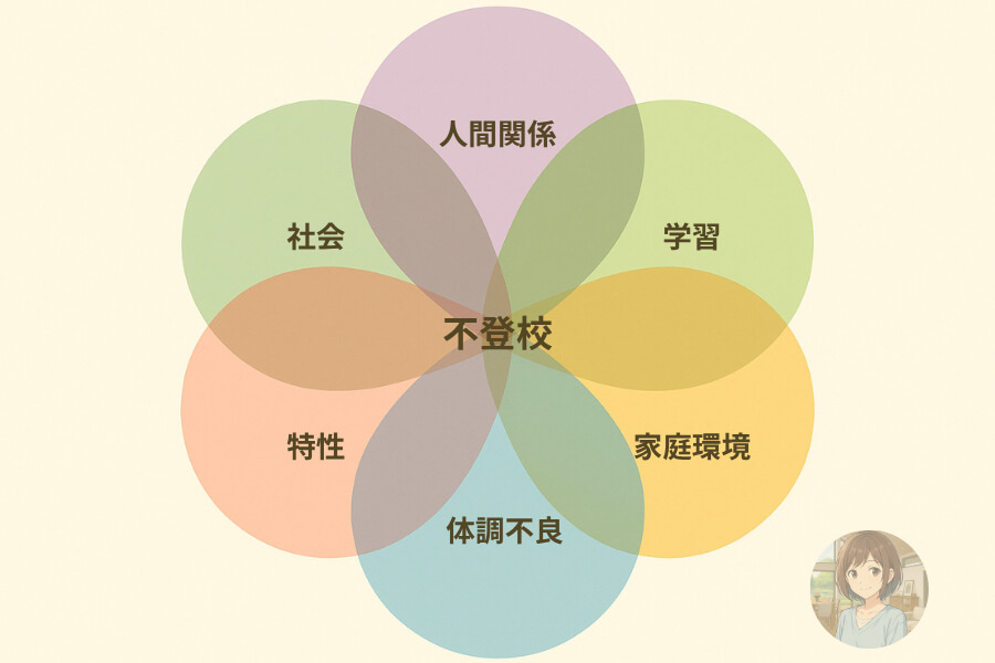 不登校の原因、要因をイメージした図解