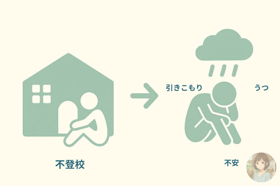 不登校が長期化することで起きる二次障害の特徴をピクトグラムの図解で説明