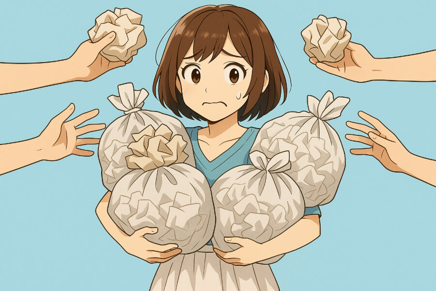 他人のストレスや期待を抱え込む母の例えをゴミを抱える表現でイメージ