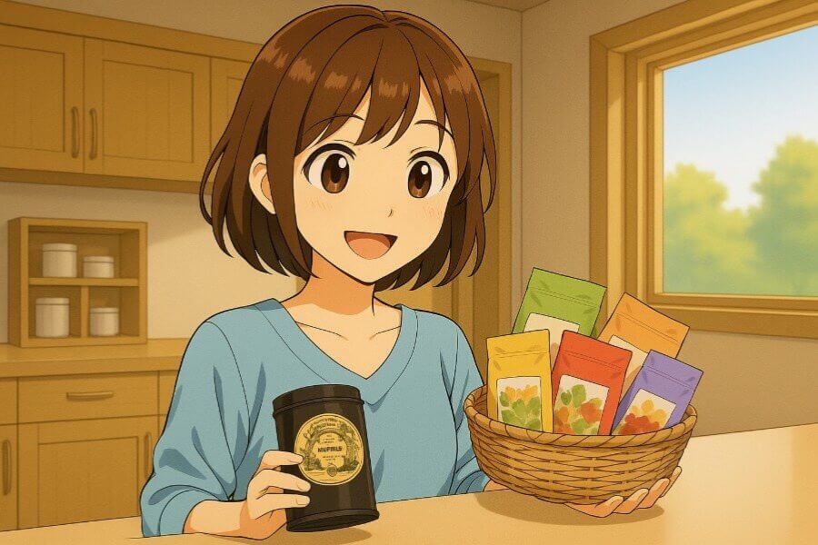 自分のためにお気に入りの種類豊富なハーブティーを選ぶママのイメージ