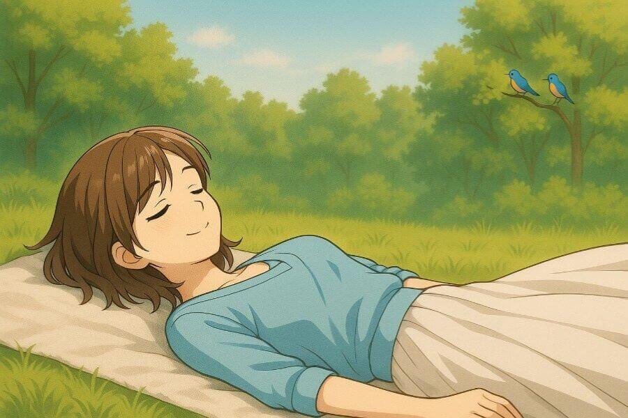 自分を癒すために自然の中で休息するママのイメージ