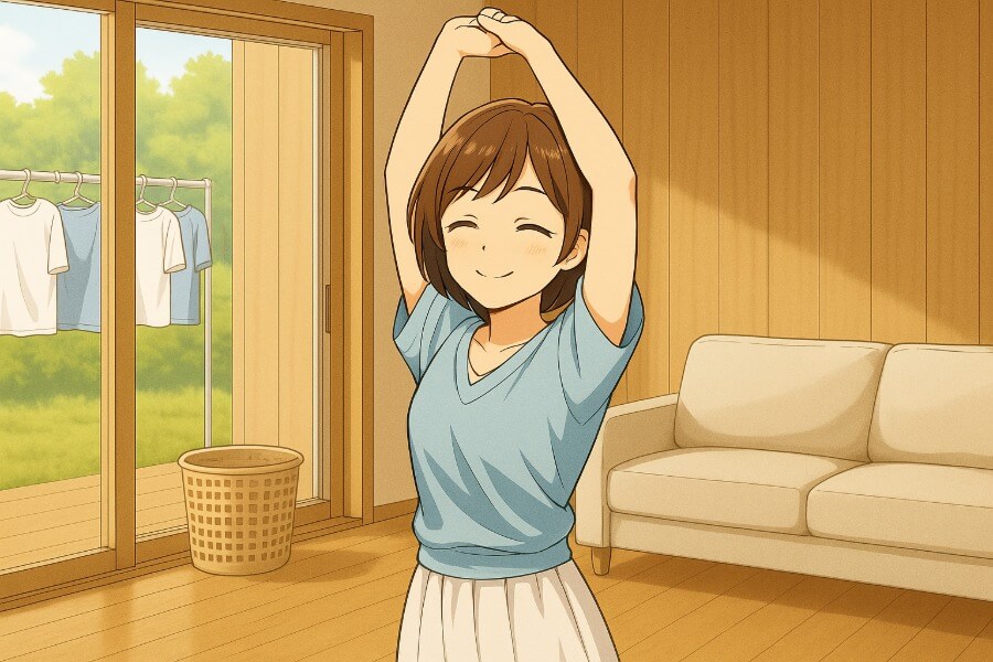 家事の合間にストレッチするママのイメージ