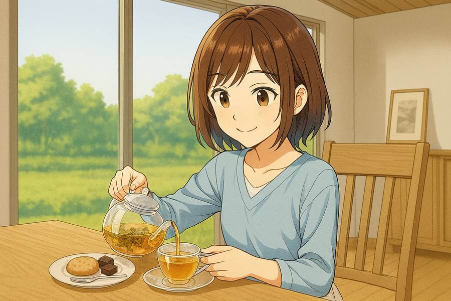 お菓子とハーブティーでセルフケアするママのイメージ