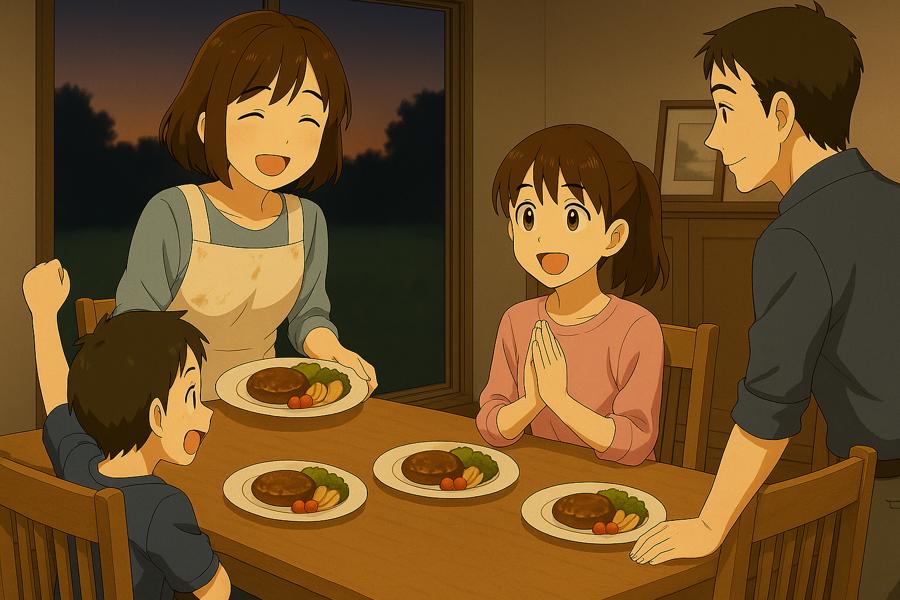 夕食に好物のハンバーグが出て喜ぶ子どもたちと家族の食卓イメージ画像。