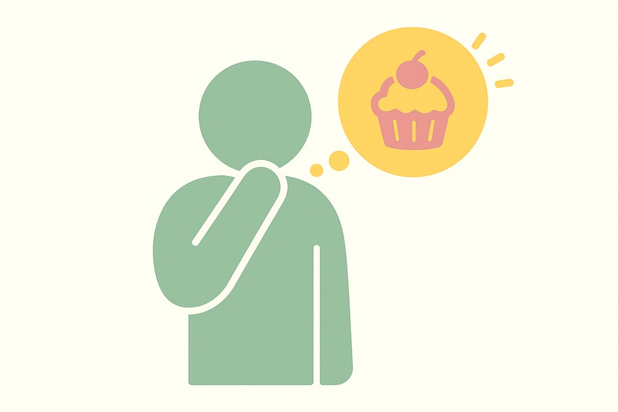 エネルギー不足で甘いものを欲しがる不登校の子どもの様子を表したピクトグラムのイラスト。頭の中にスイーツを思い浮かべている。