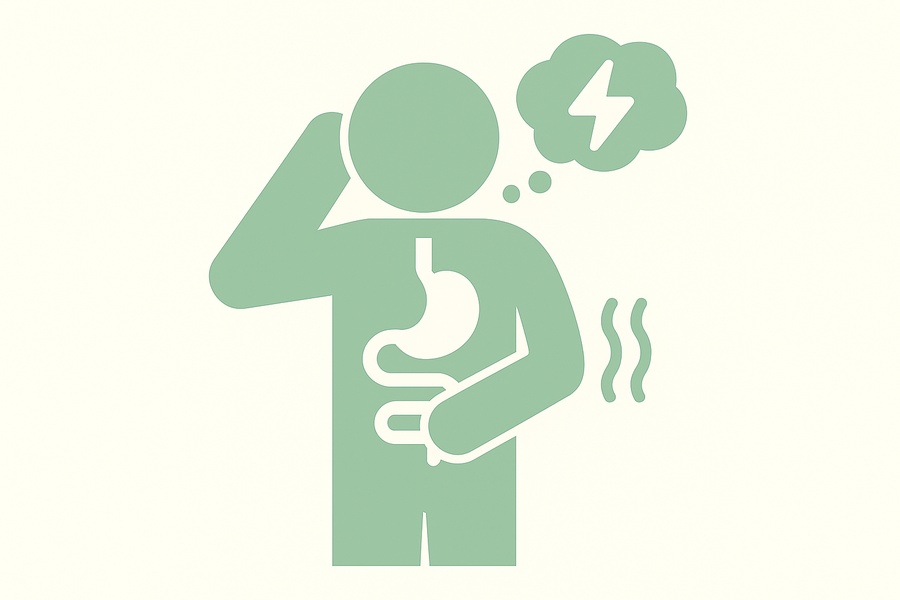 不登校の子どもが悩みや不安で胃腸の調子が悪く、食欲がわかない様子を表したピクトグラムのイラスト。