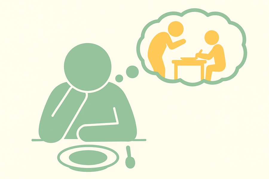 食事の時間に安心できず食べられない不登校の子どもの気持ちを表したピクトグラムのイラスト。食卓でうつむき、食事中に叱られた記憶を思い出している。