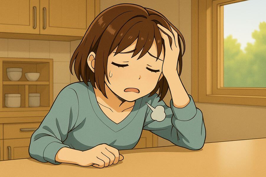 偏食の子供の料理を作るのが億劫になって、ため息を吐く不登校ママのイメージ画像