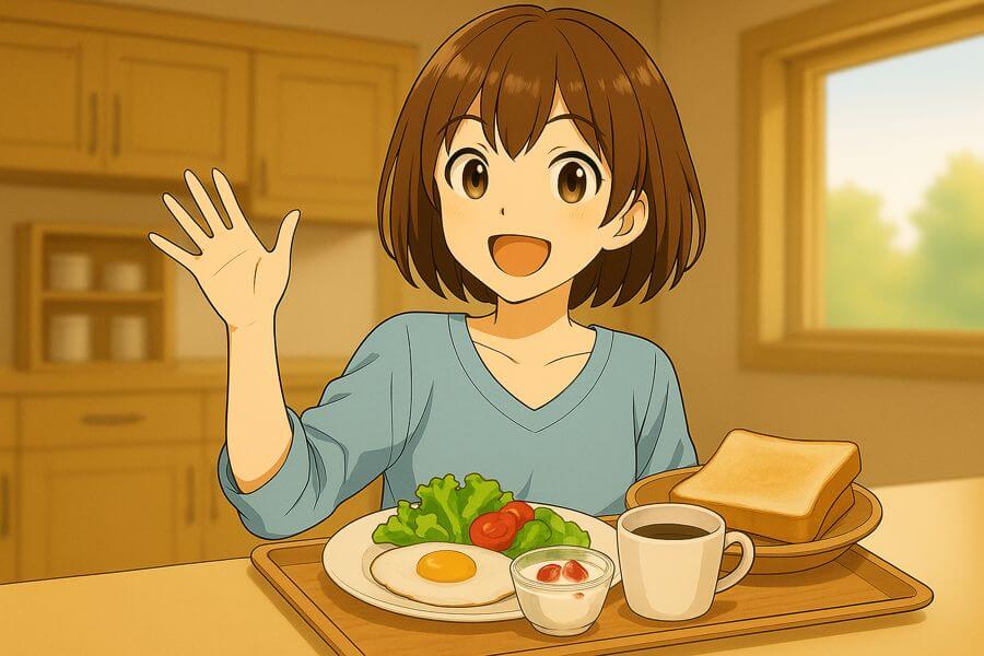 不登校の子どもに食事の小言を言わず、優しく明るく声をかける母親のイメージ画像。