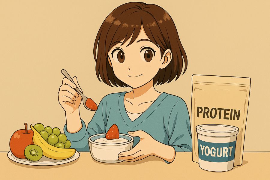 ママが子供にタンパク質を取らせるためにプロテインをプラスしたヨーグルトに、フルーツをのせているイメージ画像。