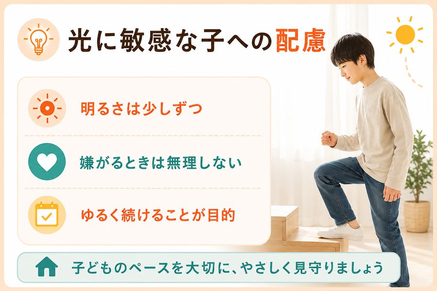 光目覚まし時計を使用する時に光に敏感な子に配慮するポイントついて解説した図解