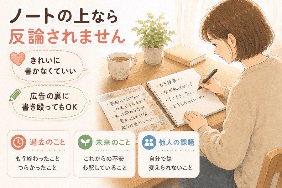 悩みをノートに書き出し3つに分けるイメージ