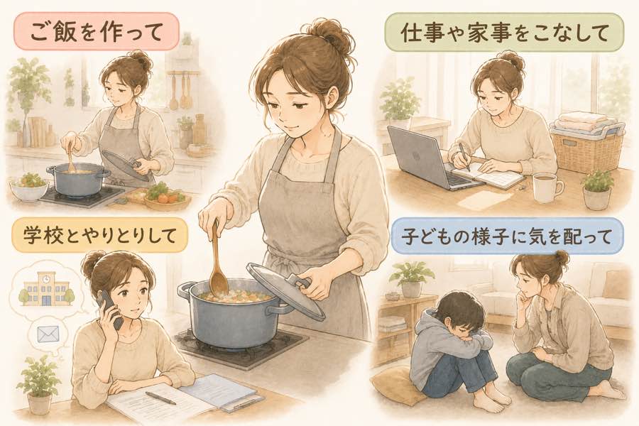 ご飯や家事に追われる母の毎日の図解