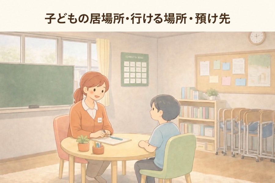 子どもの居場所・行ける場所・預け先。学校の相談室で、支援員の女性と男の子が丸いテーブルをはさんで話しているイラスト。