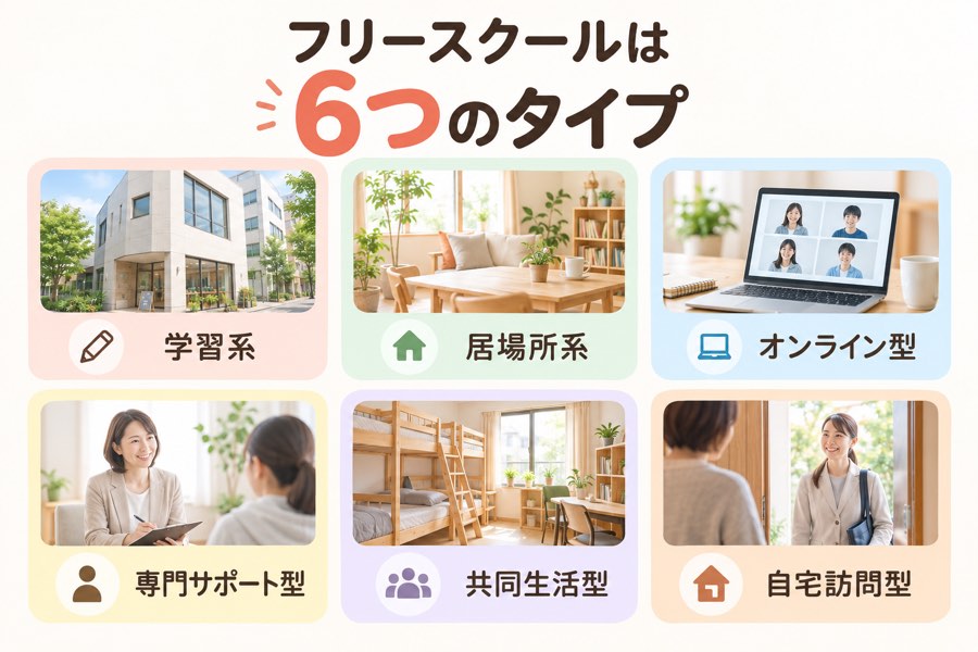 フリースクールの6つのタイプ。学習系、居場所系、オンライン型、専門サポート型、共同生活型、自宅訪問型