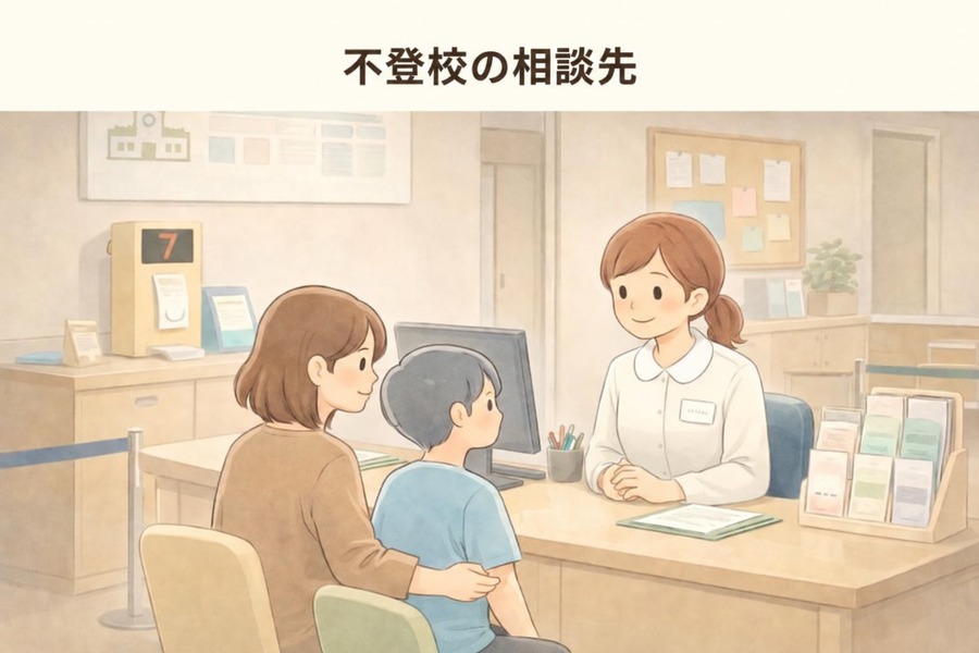不登校の相談先。相談窓口のカウンターで、母親と男の子が並んで座り、職員の女性に相談している様子のイラスト。